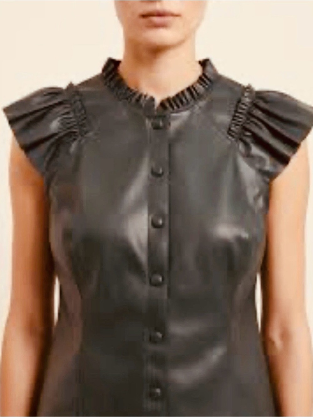 Marc New York Black Faux Leather Ruffle Button Top